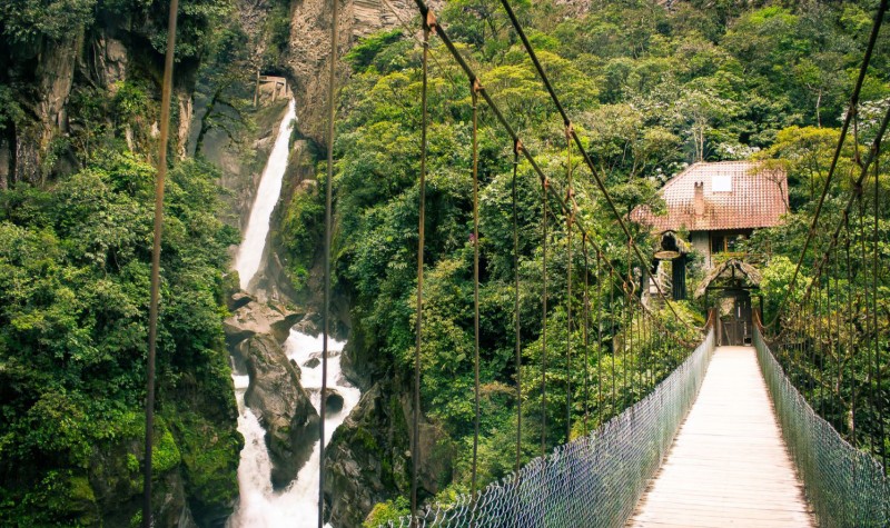 Suspension bridge and the Pailon del Diablo in Banos Ecuador